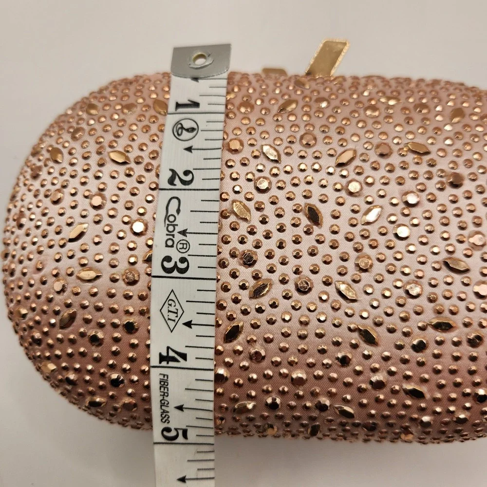 Olga Berg Faye Oval Hard Case Clutch  Rose Gold Tone Hotfix Rhinestone Bag A
